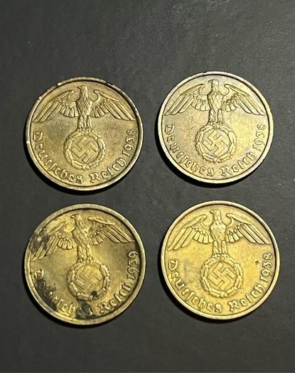 4 WWII-Era 10 Reichspfennig Coins, Nazi coins