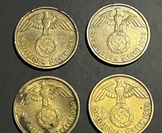 4 WWII-Era 10 Reichspfennig Coins, Nazi coins