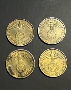 4 WWII-Era 10 Reichspfennig Coins, Nazi coins