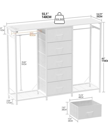 5 Drawer Dresser with Clothes Rack Chest of Drawers with Clothes Rail LED Lights Wardrobe Closet Drawers Charging Station Flexible Shelf Open Shelves for Bedroom Living Room