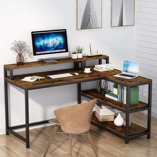 _Computer desk, L-shaped desk, home office, study desk with monitor stand and shelves, industrial corner desk