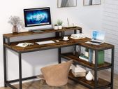 _Computer desk, L-shaped desk, home office, study desk with monitor stand and shelves, industrial corner desk