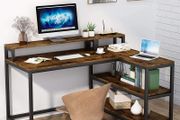 _Computer desk, L-shaped desk, home office, study desk with monitor stand and shelves, industrial corner desk