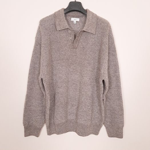 Next Taupe Mushroom Brown Ribbed Button Collar Polo Knit Jumper Mens Size L
