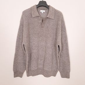 Next Taupe Mushroom Brown Ribbed Button Collar Polo Knit Jumper Mens Size L