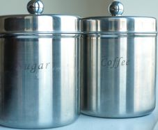 2 Large Stainless Steel Canisters/Containers/Tins Coffee & Sugar