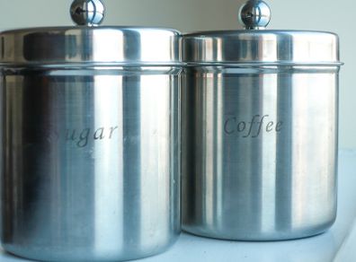 2 Large Stainless Steel Canisters/Containers/Tins Coffee & Sugar