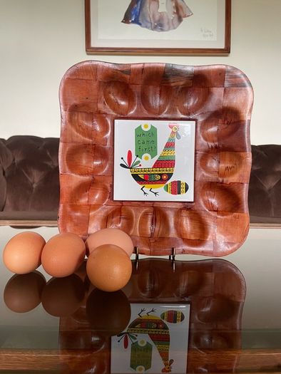 Vintage 1970s Chicken Tile on Bamboo Deviled Eggs Platter or storage