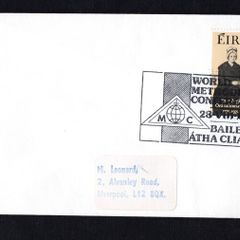 1976 Ireland "World Methodist Conference 28 V111 1976 Baile Atah Cliath special cancel tying 7p Foundation of the Presentation Order of Nuns Commemorative stamp. Used at the RDS Ballsbridge.