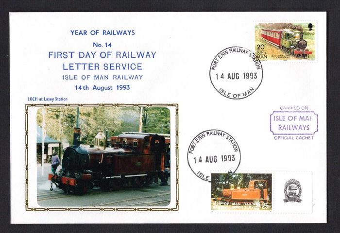 1993 Isle of Man Cover showing Year of Railways No 14 First Day of Railway Letter Service tying 20p definitive Stamp and local 25 Manx Railway stamp