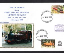 1993 Isle of Man Cover showing Year of Railways No 14 First Day of Railway Letter Service tying 20p definitive Stamp and local 25 Manx Railway stamp