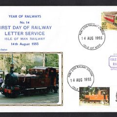 1993 Isle of Man Cover showing Year of Railways No 14 First Day of Railway Letter Service tying 20p definitive Stamp and local 25 Manx Railway stamp