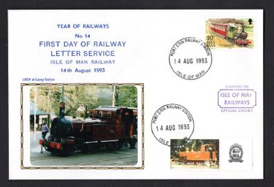 1993 Isle of Man Cover showing Year of Railways No 14 First Day of Railway Letter Service tying 20p definitive Stamp and local 25 Manx Railway stamp