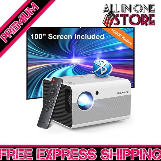 1080P HD Bluetooth Projector Support Digital Zoom, Outdoor Movie Projector with Screen, Bigasuo 8000L Mini Home Video Projector Compatible with HDMI,USB, Android/iOS Smartphone,Laptop (FREE SHIPPING)