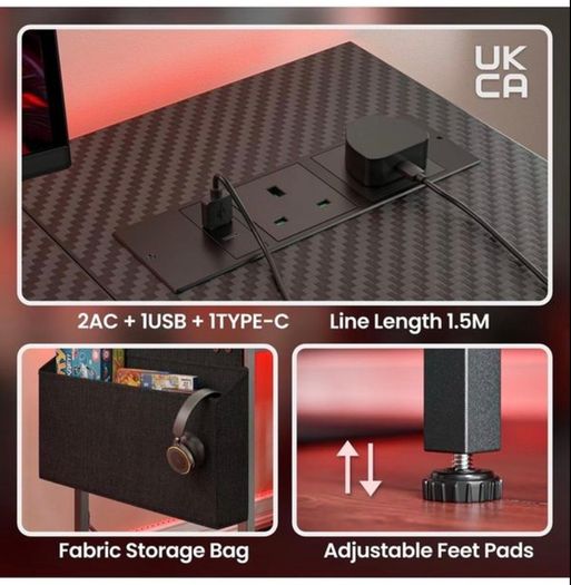 L Shaped Gaming Desk with LED Lights & Power Outlets, 120x80cm Corner Computer Table with Storage Bag & Adjustable Shelves & Large Monitor Stand, Home Office Study Workstation, Carbon Black