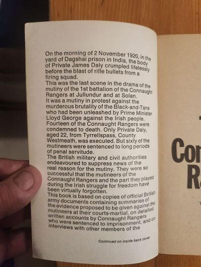 The Connaught Rangers. By T.p. Kilfeather. 1969 Rare Out Of Print First Edition Paperback In Good Condition. See Photos For Same.