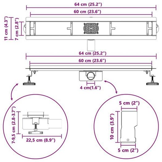 Shower Drain 2-in-1 with 360 Siphon silver 60 cm