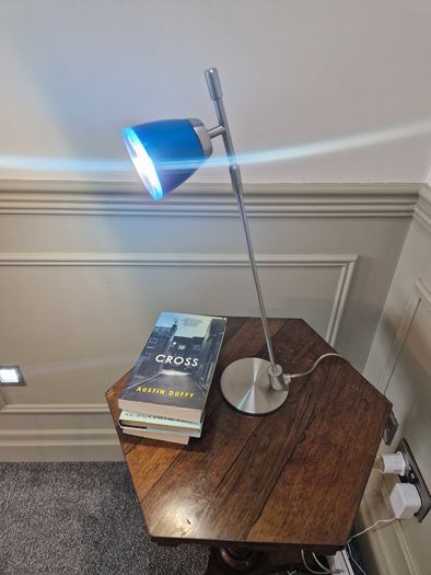 Vintage Aluminor blue desk lamp, chrome-plated metal | translucent lampshade | retro design 40W