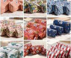 Brand New 3-Piece Hand-Block Print Quilted Cosmetic Bag Set, Nesting Travel Pouches, Cotton Toiletry Organiser