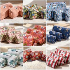 Brand New 3-Piece Hand-Block Print Quilted Cosmetic Bag Set, Nesting Travel Pouches, Cotton Toiletry Organiser