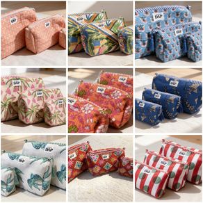 Brand New 3-Piece Hand-Block Print Quilted Cosmetic Bag Set, Nesting Travel Pouches, Cotton Toiletry Organiser