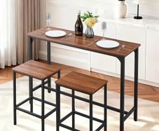Bar Table, 3PCS 1193.8mm Bars Tables Set, Bar Tables and Chair Set with Rounded Edge Design, Rectangular Pub Table with Two Stools for Office Desk, Breakfast Corner, Mini Bars, Rustic Brown