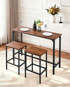 Bar Table, 3PCS 1193.8mm Bars Tables Set, Bar Tables and Chair Set with Rounded Edge Design, Rectangular Pub Table with Two Stools for Office Desk, Breakfast Corner, Mini Bars, Rustic Brown