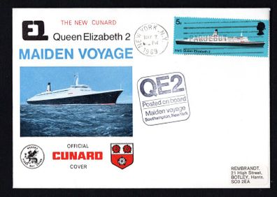 1969 Great Britain / USA Cover Celebrating the Maiden Voyage of The New Cunard Queen Elizabeth 2 with New York cancel of May 7 1969 and cancel of QE2 posted on board