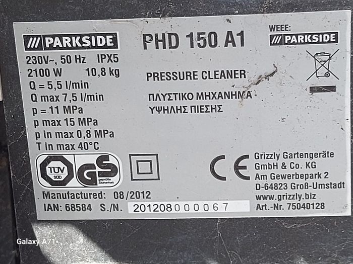 Parkside 2100 W, High Pressure Washer, Model PHD 150 A1, in very good condition