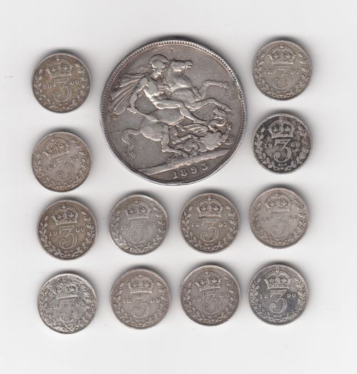 G.B. 1 x Victorian Crown 92.5% Silver Coin &12 x 3d, 92.5% Silver Coins,  ( no.G 40)