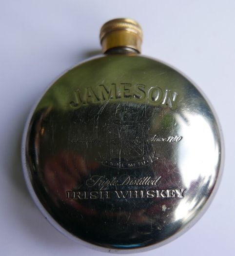 Vintage Jameson  Whiskey Hip Flask Round Flask, Pewter, brass- Screw Top