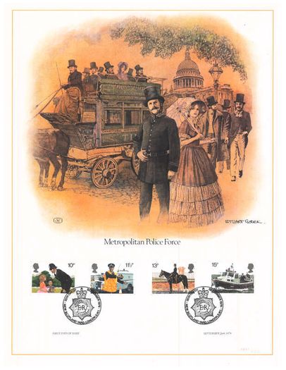 1979 Great Britain Limited Edition Lithographed Print measuring 333mm X 257mm showing Metropolitan Police Force Commemorative stamps with First Day of Issue Cancel