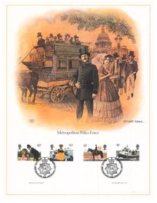 1979 Great Britain Limited Edition Lithographed Print measuring 333mm X 257mm showing Metropolitan Police Force Commemorative stamps with First Day of Issue Cancel