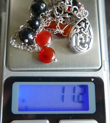 Vintage Sterling Silver 925 Bold, dramatic , silver, onyx, jasper necklace "NIGHT FIRE" 11,2g L-11"