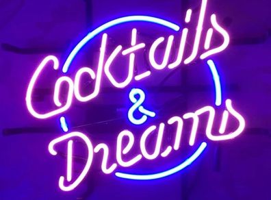 Cocktails and Dreams Real Glass Neon Light Sign Home Beer Bar Pub Recreation Room Game Room Windows Garage Wall Store Sign (17 inch x 14 inch Large)