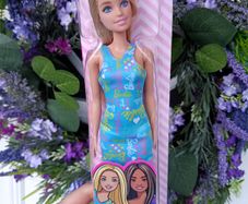 Barbie Doll 2022 Blonde Blue Logo Print Dress HGM59 (Asst GBK92) Mattel New