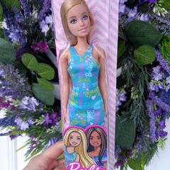 Barbie Doll 2022 Blonde Blue Logo Print Dress HGM59 (Asst GBK92) Mattel New