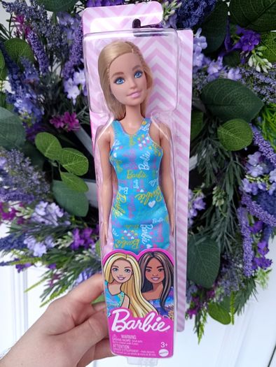 Barbie Doll 2022 Blonde Blue Logo Print Dress HGM59 (Asst GBK92) Mattel New