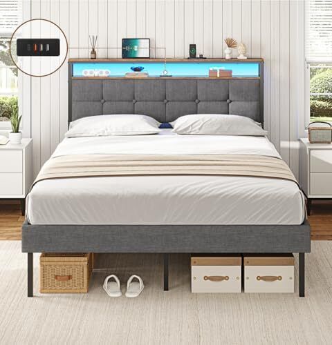King Size Bed Frame with LED Lights & Charging Station Upholstered Storage Headboard/Under Bed Storage