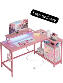 L-Shaped RGB Gaming Desk 132CM with Power Outlets & USB