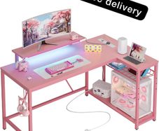 L-Shaped RGB Gaming Desk 132CM with Power Outlets & USB