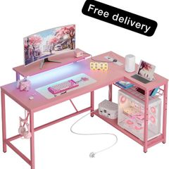 L-Shaped RGB Gaming Desk 132CM with Power Outlets & USB