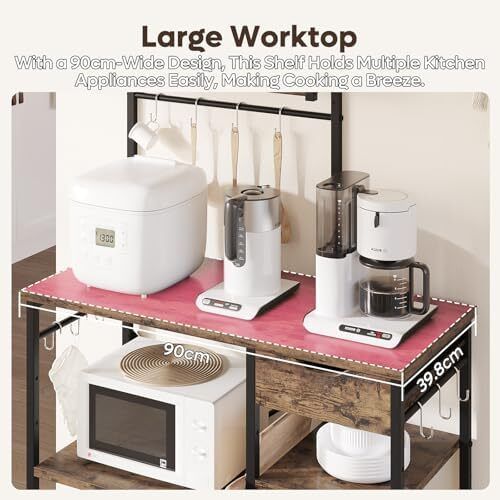 Microwave Oven Rack, 90cm Large Microwave Oven Kitchen Rack with 2 Height-Adjustable and Removable Shelves, High Load-Bearing Design, Drawers