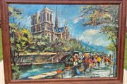 Vintage oil painting Paris Notre Dame Cathedral