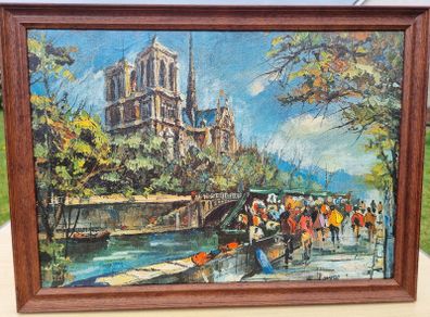 Vintage oil painting Paris Notre Dame Cathedral