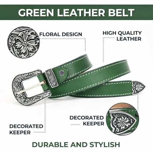 Unisex Premium Green Genuine Leather Belt Vintage Engraved Silver Buckle