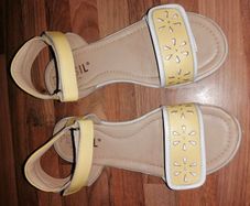 Petasil brand, real leather girls' sandals, size UK4, EU37. Yellow & white design.