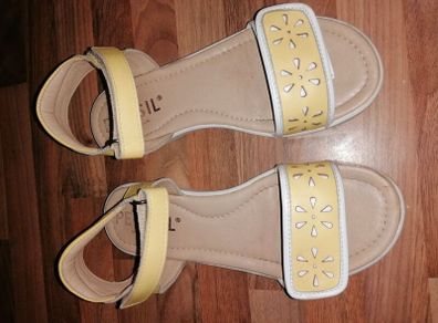 Petasil brand, real leather girls' sandals, size UK4, EU37. Yellow & white design.