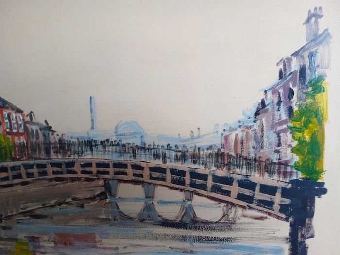 Oil Painting "Ha"penny Bridge Dublin". Frank Feld RHA.1986