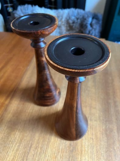 Pair of mixed wood with metal insert candlestick holders